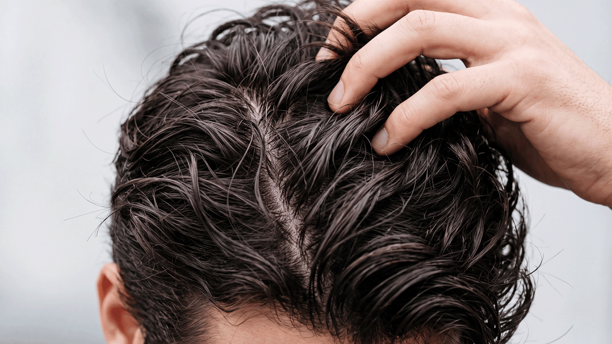 Mann fährt sich mit der Hand durch das nasse Haar, Blick auf den Scheitel